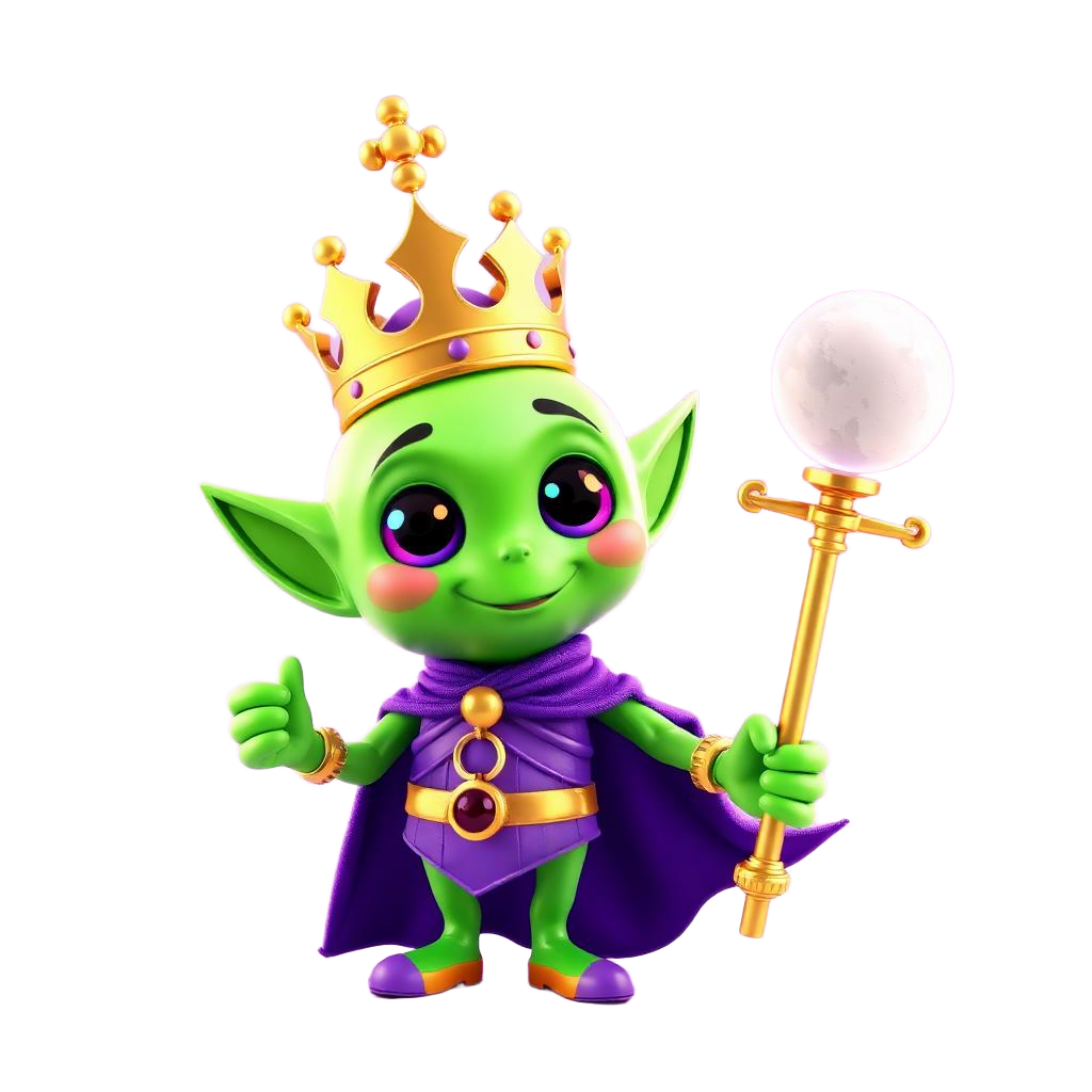 Spin Hub alien king mascot holding a planet scepter